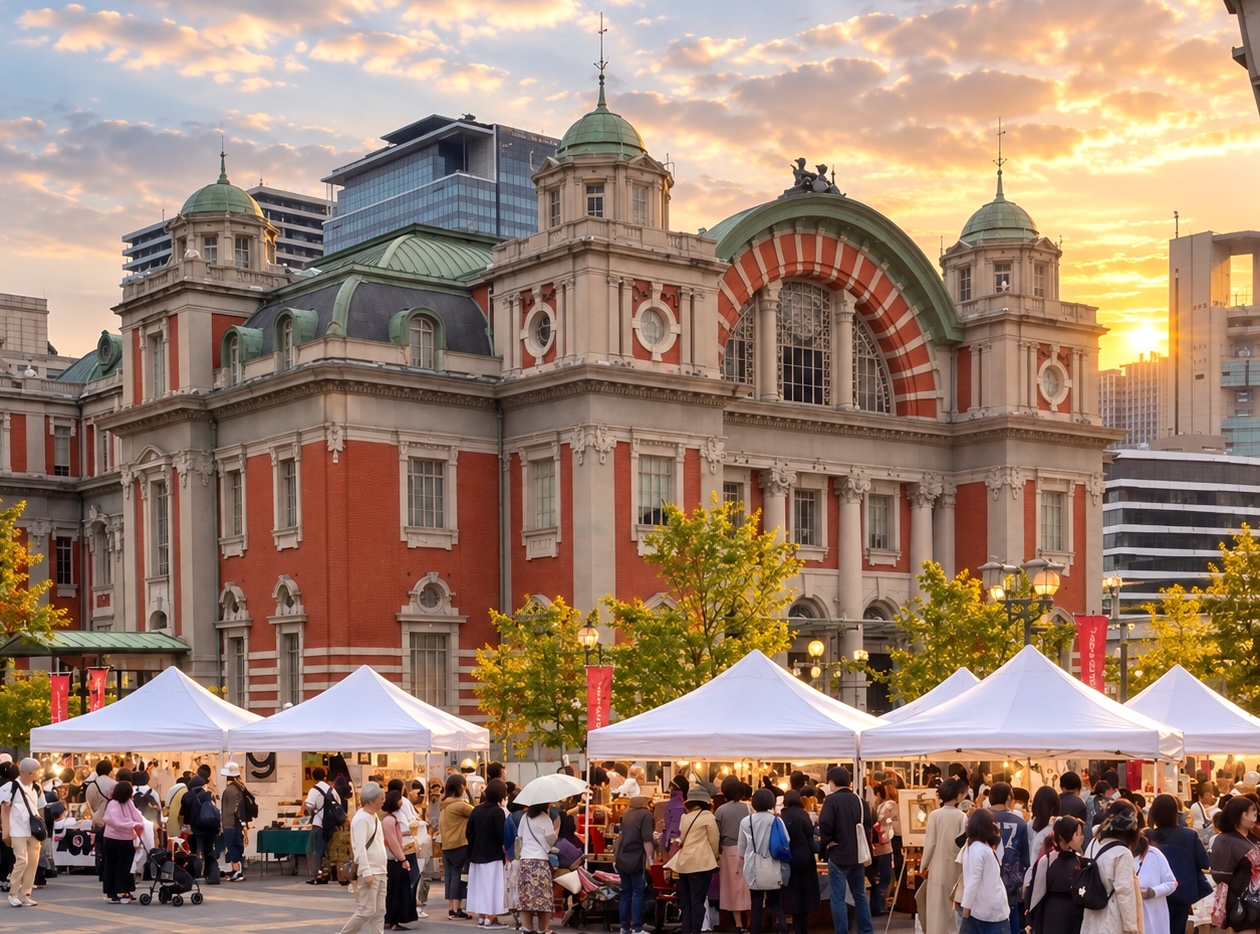 Shoppers by the Osaka Central City Hall at Kitahama Market