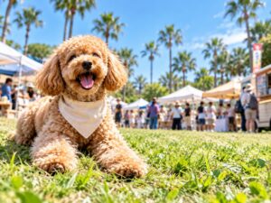A photo illustration of a cute dog on the grass at a neighborhood festival 