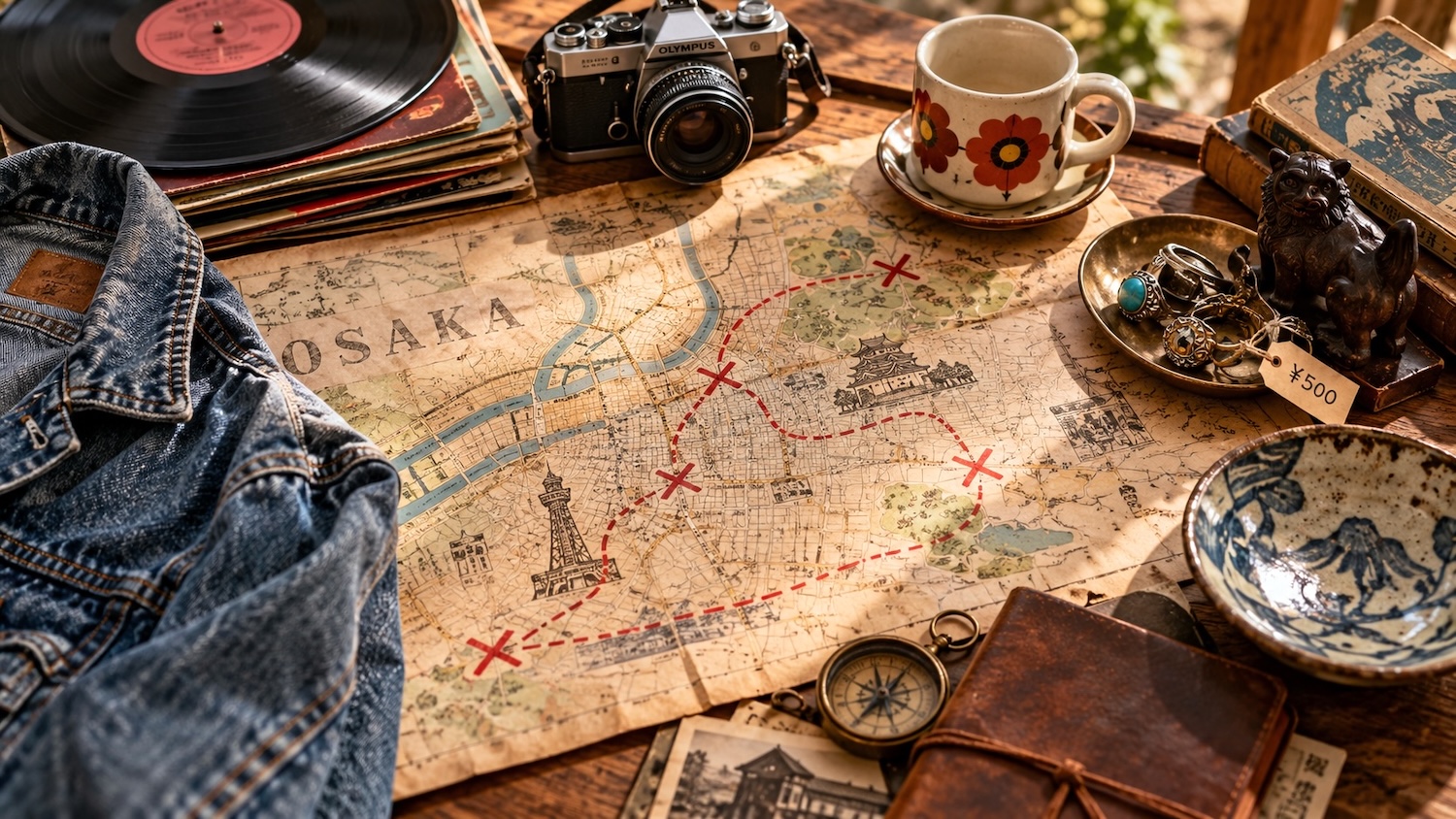 Artwork of a treasure map with "x" marking Vintage Shopping Locations in Osaka