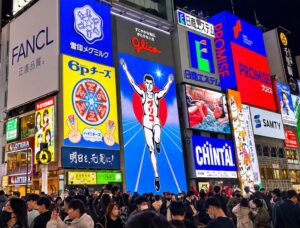 Glico Running Man, Sixth Generation (2014–2026) — Crowds gather beneath Osaka’s iconic Dotonbori landmark, where the LED-powered Running Man shines amid a dazzling array of neon advertisements, continuing a tradition that has defined the city’s nightlife for generations.